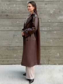 Kuleshova Women Fashion Street Chic PU Leather Lapel Collar Double Breasted Belted Long Trench Coat Fall Winter Cloth For Women - Brown - View 6