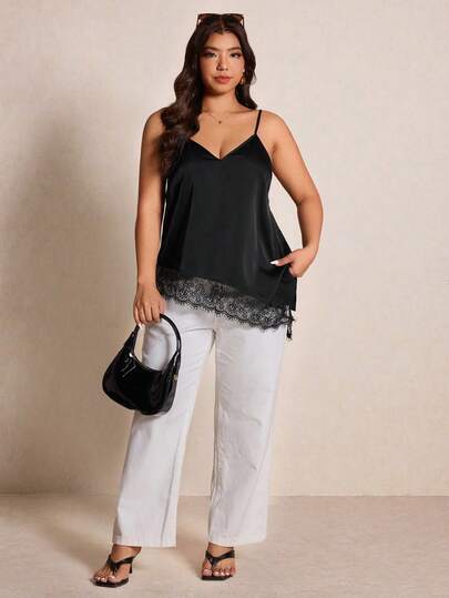 Elaquor Plus Size Women Asymmetrical Lace Patchwork V-Neck Camisole Top