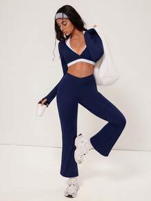 Hanevo Women's Long Sleeve Top And Flared Leg Pants 2 Pieces Set - Navy Blue - View 2
