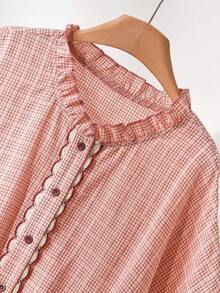 CosyJoli 大码女式花卉蕾丝边衬衫，蝙蝠袖宽松纽扣格子衬衫，休闲春夏短袖复古衬衫 - 紅木色 - 查看 4