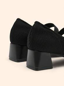 CUCCOO BASICS 女士圆头厚底黑色针织套脚搭扣玛丽珍平底鞋，舒适透气，休闲通勤百搭。 - 黑棕2 - 查看 4