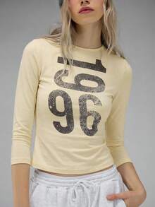 COUREZ Long Sleeve Jersey Top With Front Graphic Print /Y2K Long Sleeve Tops Going Out Tops Women Tops Winter Clothes For Women Blue Top Graphic Tees Women Cute Tops Summer Tops Summer Outfits - Pale Yellow - View 8