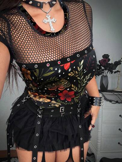 Whyspr 加大码朋克骷髅印花网眼拼接短袖T恤，夏季