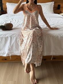 DAZY 印花缎面滚边系带露背长裙，女士夏季度假款 - 橘色 - 查看 6