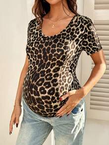 SHEIN 孕妇及哺乳期女性休闲豹纹圆领短袖连体裤，夏季 - 棕色 - 查看 3