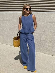 Livesso Women's Casual Ruffle Trim Sleeveless Top And Denim Pants Set - Medium Wash - View 4