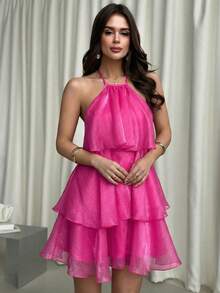 Firerie 优雅浪漫的露背层叠下摆白色欧根纱吊带泡泡袖连衣裙，适合情人节穿着 - 玫紅色 - 查看 5