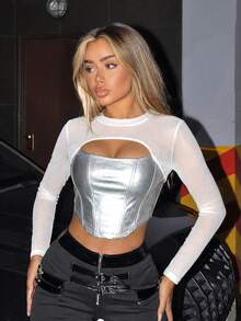 SHEIN ICON Black PU Mesh Cut Out Front Asymmetrical Hem Crop Tee - Silver - View 3