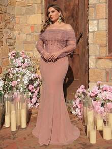 Glamrae 大码优雅浪漫粉色露肩长袖薄纱腰部鱼尾连衣裙，饰有奢华串珠装饰，适合婚礼、派对、正式场合、正式礼服（精致设计） - 藕粉色 - 查看 2