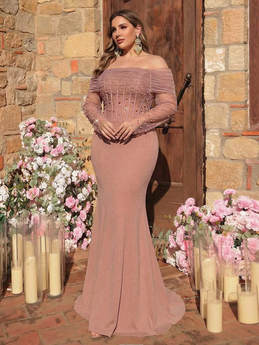 Glamrae 大码优雅浪漫粉色露肩长袖薄纱腰部鱼尾连衣裙，饰有奢华串珠装饰，适合婚礼、派对、正式场合、正式礼服（精致设计）