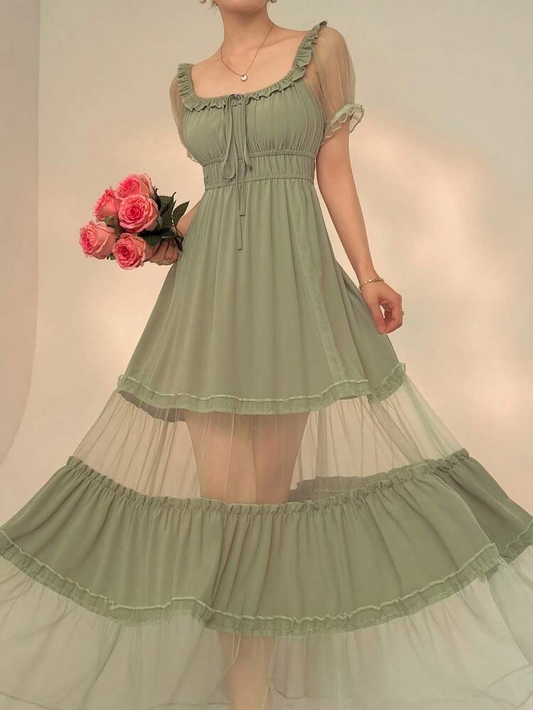 Women's Mesh Patchwork Ruffle Hem Square Neck Short Sleeve Dress Sundress Summer