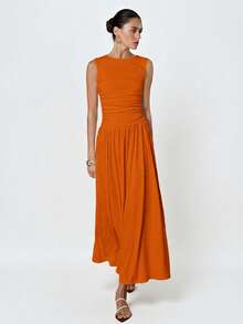 Aveloria Modichic White Minimalist Sophisticated Pleated Crew Neck Sleeveless Dress - Burnt Orange - View 2