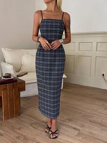 DAZY Damen kariertes figurbetontes elegantes Maxikleid Sommerkleid für Frauen - Blau - Übersicht 3
