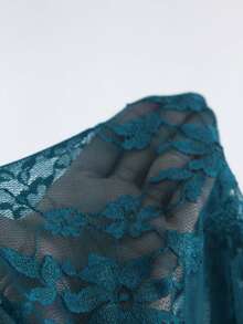 Sweetra 大码女式方领蝴蝶结蕾丝薄纱A字露脐上衣，优雅复古性感度假派对款，鸭蛋蓝 - 水鴨藍 - 查看 4