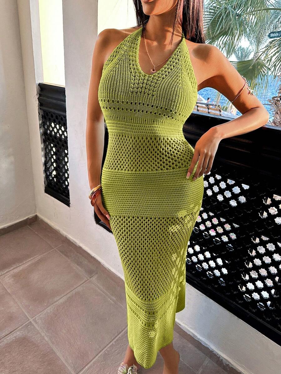 EURMUSE V-Neck Open-Knit Halter Maxi Dress In Vibrant Neon Green, Breathable Lightweight Crochet Design For Summer Beach Vacations And Style - Green - View 1