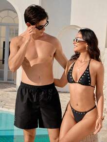 Manfinity VDAYZ Men's Solid Color Elastic Waist Drawstring Loose Casual Beach Shorts, Summer Couple Bathing Suit Set Matching Swim Set Him And Her Swimwear Couple Swimsuit Couple Boyfriend And Girlfriend Matching Swimsuits - Black - View 2