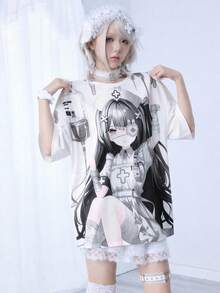 ROMWE Anime 动漫卡通病娇女孩粉色宽松圆领短袖T恤 - 黑色 - 查看 4