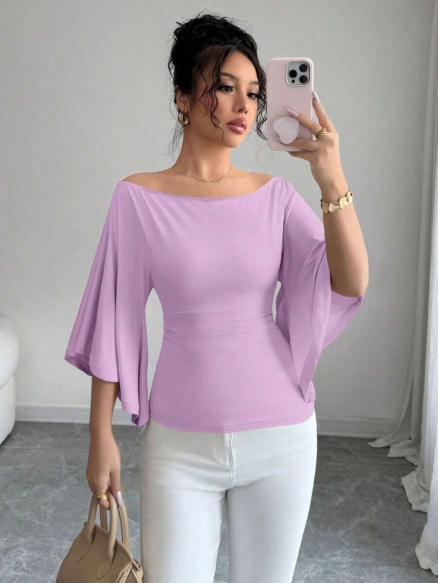 1pc Women's Solid Color Off-Shoulder Elastic Knit Flare Sleeve T-Shirt - Mauve Purple - View 1