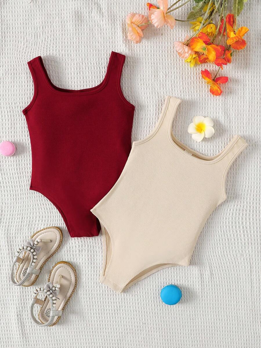SHEIN Set de 2 bodys de punto de unicolor, estilo callejero para niña, para primavera/verano - Rojo - Ver 1