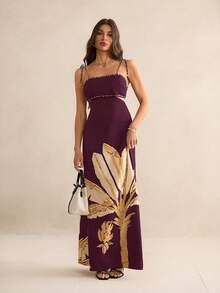 SHEIN Tall 女士波西米亚风香蕉树印花露腰露背无袖黑色连衣裙，假日休闲夏季连衣裙 - 中紫紅色 - 查看 3
