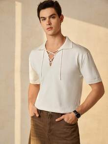 Manfinity RSRT Áo len nam cổ bẻ màu trơn, thích hợp mặc hàng ngày, chất liệu thoáng khí, nhẹ, thoải mái, phù hợp cho kỳ nghỉ và ngày Valentine. Áo màu kem nam, áo nam gợi cảm, áo nam mùa hè, áo len nam thắt dây. - trắng - Xem 7