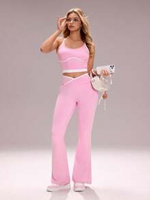 Sovereign Charm 女士高腰瑜伽运动裤，蜜桃色提拉健身跑步喇叭裤，裸感弹力面料 - 粉色 - 查看 1