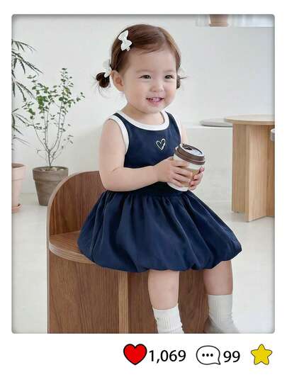 SHEIN Baby Girl Scoop Neck Contrast Trim Heart Print Sleeveless Dress