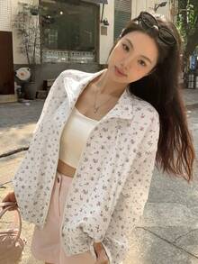 Livesso Casual Loose Ditsy Floral High Collar Women Jacket - White - View 6