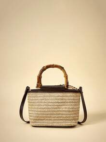 Travachic Bolso de mano de bambú tejido a mano con nudo | Calidad de paja tejida + parche de PU duradero, estilo vintage japonés | Diseño de asa de bambú convertible a de mano o de hombro, gran capacidad multicompartimento para teléfono/llaves/lápiz labial | Playa, viaje, paseo de verano, accesorio rural | Tela ligera y transpirable hecha a mano, bolso de mujer de diseño único - Café - Ver 5