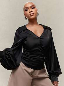 Vixey Black Satin Pointed Collar Low V Neck Balloon Sleeve Wrap Around Top - Black - View 1