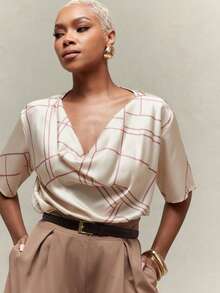 Vixey Satin Geometric Stripe Cowl Neck Drop Shoulder Short Sleeve Draped Blouse - Beige - View 1