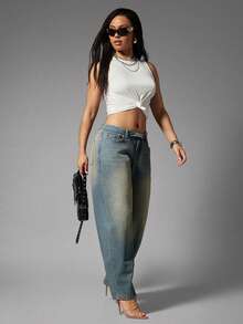 Denimoi Foldover Waist Barrel Leg Washed Jeans Barrel Jeans Fashionable Streetwear - Medium Wash - View 2