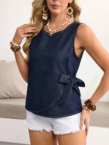 Breezaya 女士休闲圆领打结牛仔上衣，日常百搭 - 藍色 - 查看 3