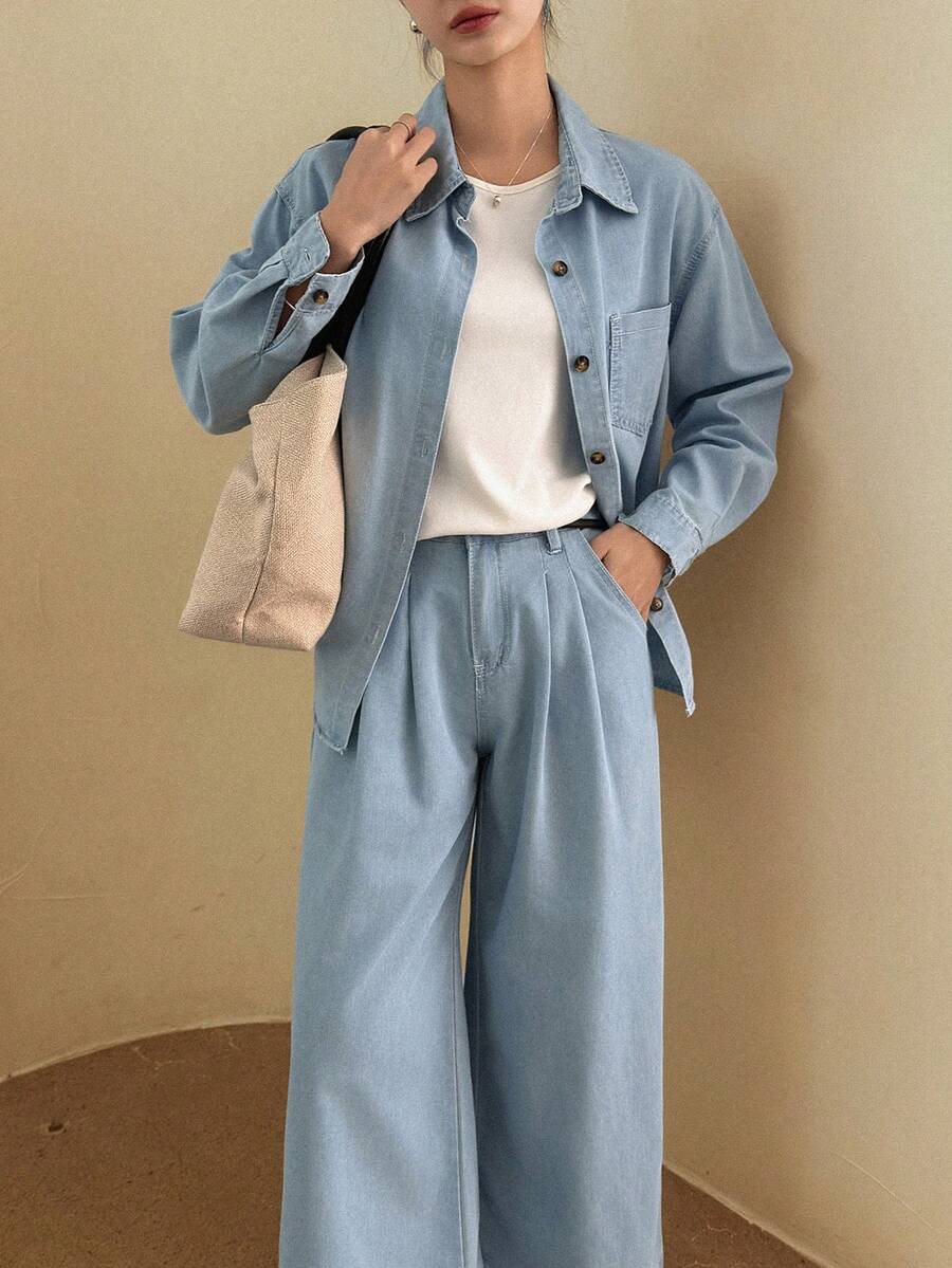 DAZY Women's Lapel Long Loose Shirt And Wide Leg Jeans Casual Vacation Style Suit - Light Wash - View 1
