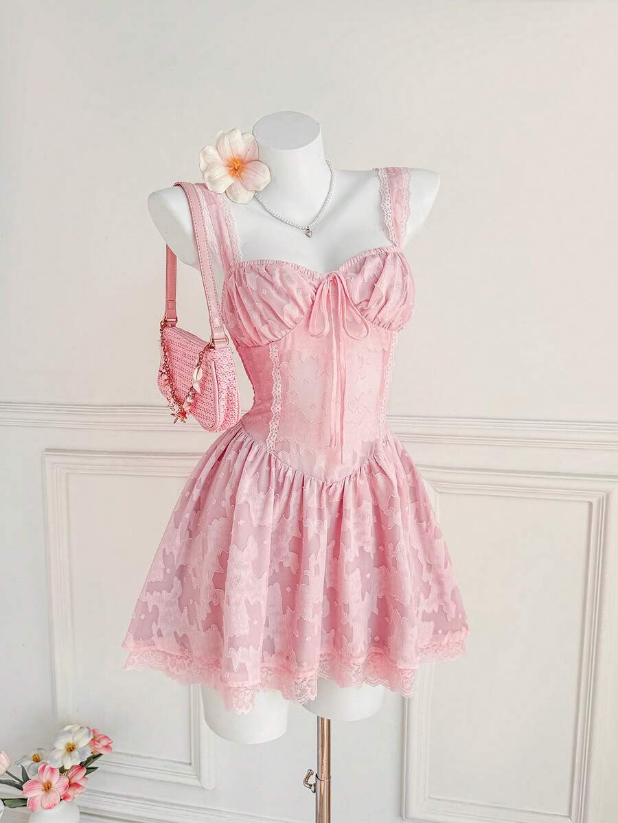 Elamini Women's Sweet & Cute Casual Fashion Everyday Versatile Sleeveless Lace Patchwork Waist Cinched Hollow Out Mini Dress, Spring/Summer - Pink - View 1