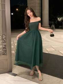 DAZY Women's Off-Shoulder Short Sleeve Mesh Patchwork Elegant Dress Sundress - Green - View 2