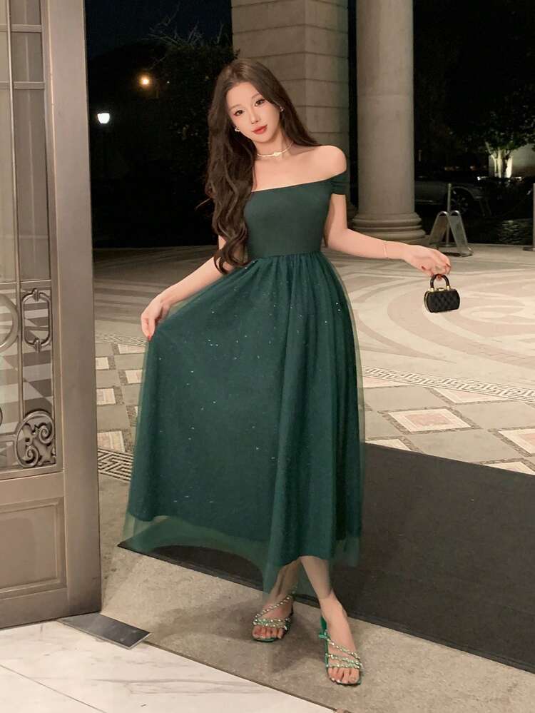 Women's Off-Shoulder Short Sleeve Mesh Patchwork Elegant Dress Sundress