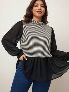 Enliva Tricou cu mânecă lungă, lejer, cu dungi, în culori contrastante, pentru femei, mărime plus, model A-line, Anul Nou 2026, pentru forme de corp rotunjite și de măr - Negru - Vizualizare 4