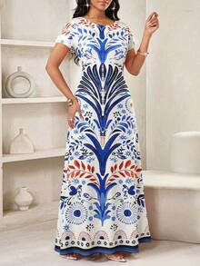 SHEIN Lady 女士度假植物印花圆领短袖休闲连衣裙 - 彩色 - 查看 4