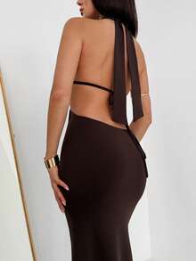 Aloruh Women's Sexy Backless Halter Tie-Up Extra Long Sleeveless Mermaid Dress - Brown - View 2