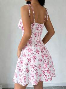 Rafferiza Ladies' Spaghetti Strap Tie-Back Floral Print Pleated Cami Dress Mini Short Women Outfit - Multicolor - View 2
