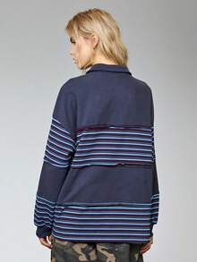 COUREZ Long Sleeve Spliced Striped Rugby Polo Top /Y2K Long Sleeve Tops Going Out Tops Women Tops Spring Clothes For Women Blue Top  Cute Tops Summer Tops Summer Outfits - Multicolor - View 3