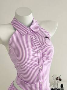 Elamini 2pcs Women Striped Print Collared Embroidered Shirt & Elastic Waist Casual Shorts Set, Spring/Summer - Pink - View 6