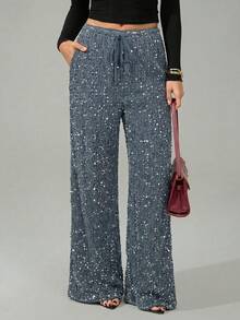 SHEIN Tall 女士黑色丝绒亮片休闲/音乐会/鸡尾酒会/夜生活/嘉年华抽绳阔腿裤 - 灰色 - 查看 5