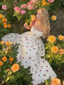 SHEIN MOD 女士优雅樱桃褶皱吊带连衣裙 - 彩色 - 查看 1