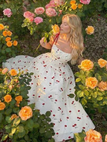 SHEIN MOD 女士优雅樱桃褶皱吊带连衣裙