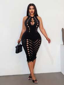 Maweii Plus Size Women Sexy Solid Color Hollow Backless Halter Dress - Black - View 3