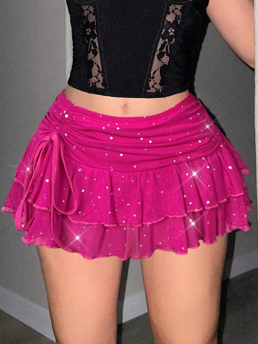 Sweetina Ultra Low Waist Ruched Tie Slit High Hem Rhinestone Mesh Mini Skirt - Hot Pink - View 1