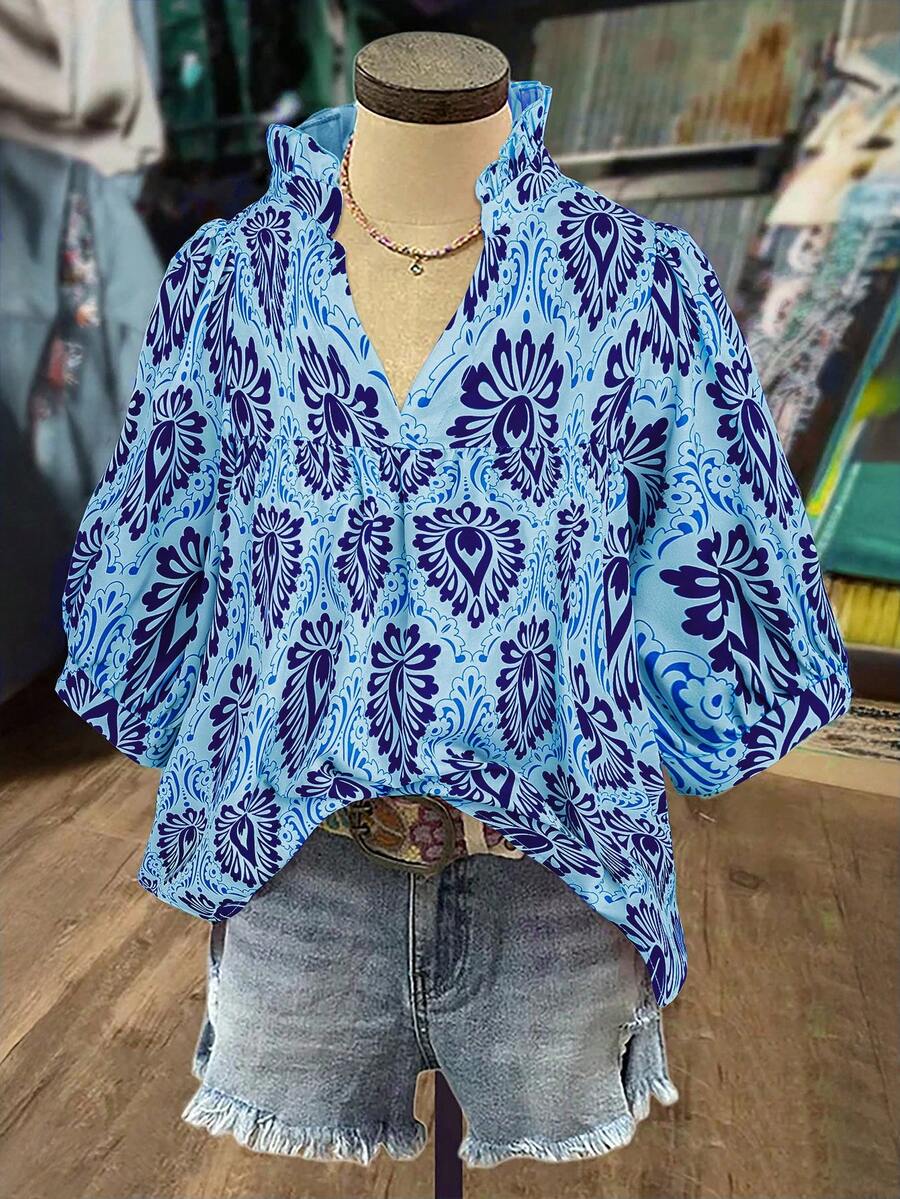 Franclia Boho Plus Size Multicolor Random Print Woven Fabric Half Bishop Sleeve Shirt Blouse With Frill Detail And Shirt Collar Regular Length - Multicolor - View 1