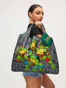 TEENAGE MUTANT NINJA TURTLES | SHEIN 1个可爱卡通人物印花可折叠购物袋/手提袋，带珠链小收纳袋，可挂在包上，轻便易携，适合购物、通勤、外出，图案包括莱昂纳多、拉斐尔、多纳泰罗、米开朗基罗 - 灰綠色 - 查看 3